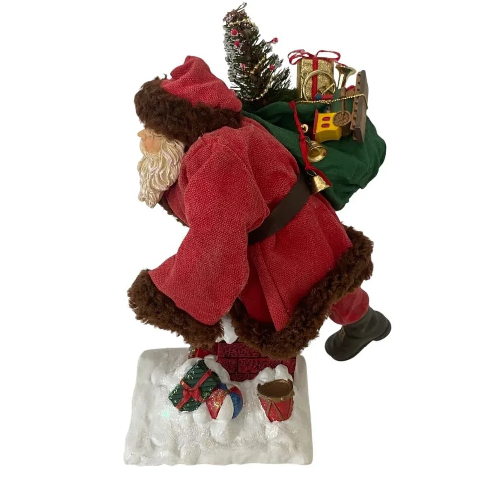 Vintage 90s Santa Claus Figurine Gift Delivery Chimney Fabric Mache 9